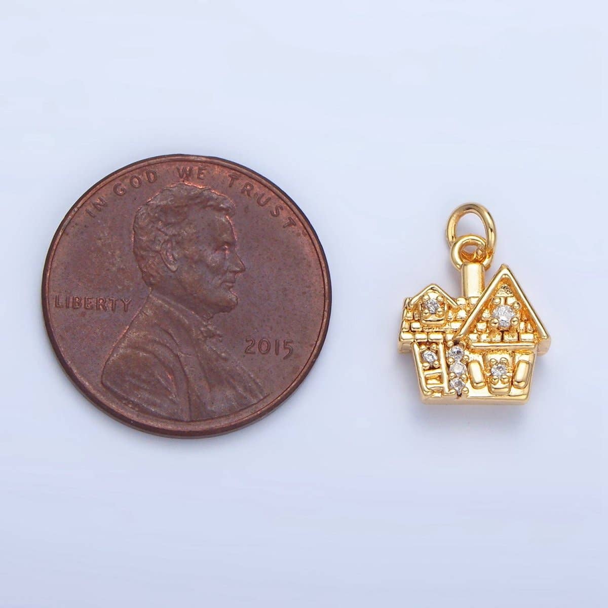 Mini Home Charm 24K Gold Filled Heart CZ House Home Mini Double Sided Multidimensional Charm