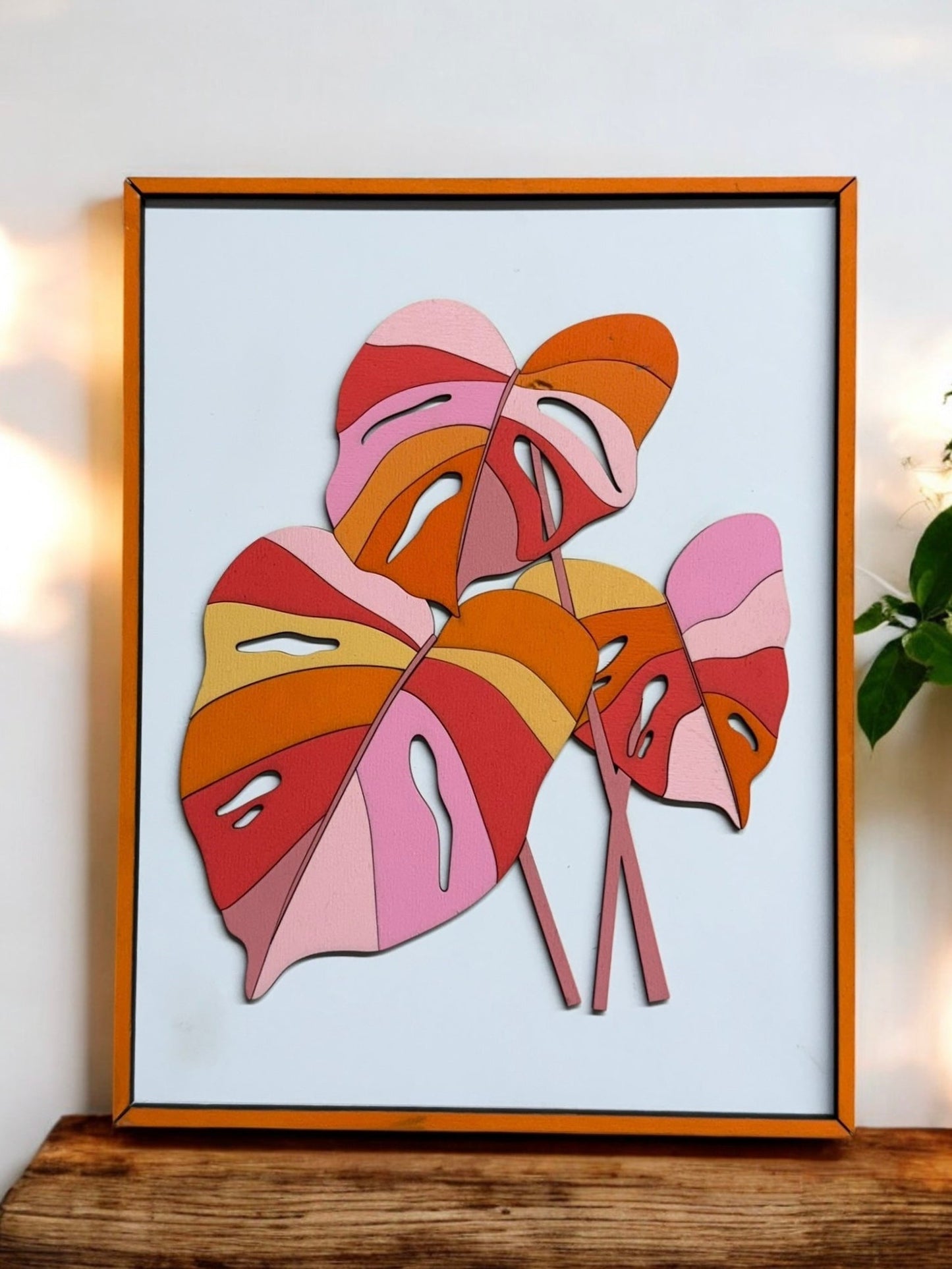 Monstera Leaf Wall Art, Chic Framed Canvas, Beach Vibes Summer Decor, Perfect Tropical Gift Wall Art Pink