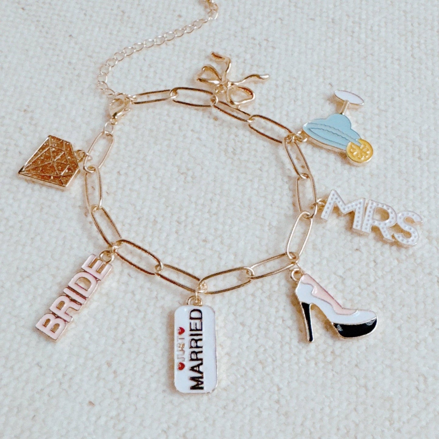 Mrs. Bride Cocktail Bow Charm Bracelet, Chic Preppy Jewelry, Perfect Bridal Accessory, Bachelorette Gift - Nifty Decor & More