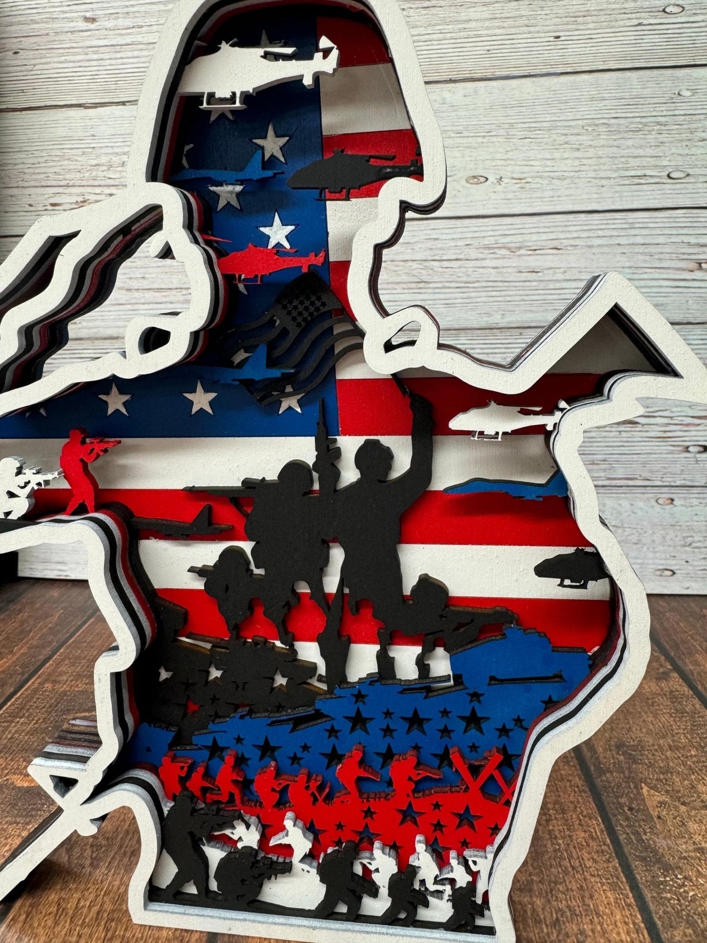 Multilayered Wooden Veteran Art Piece, Intricate 7-Layer Home decor, perfect gift for Veterans Day or Soldier Tribute Veteran Plaque Veteran with Rifle