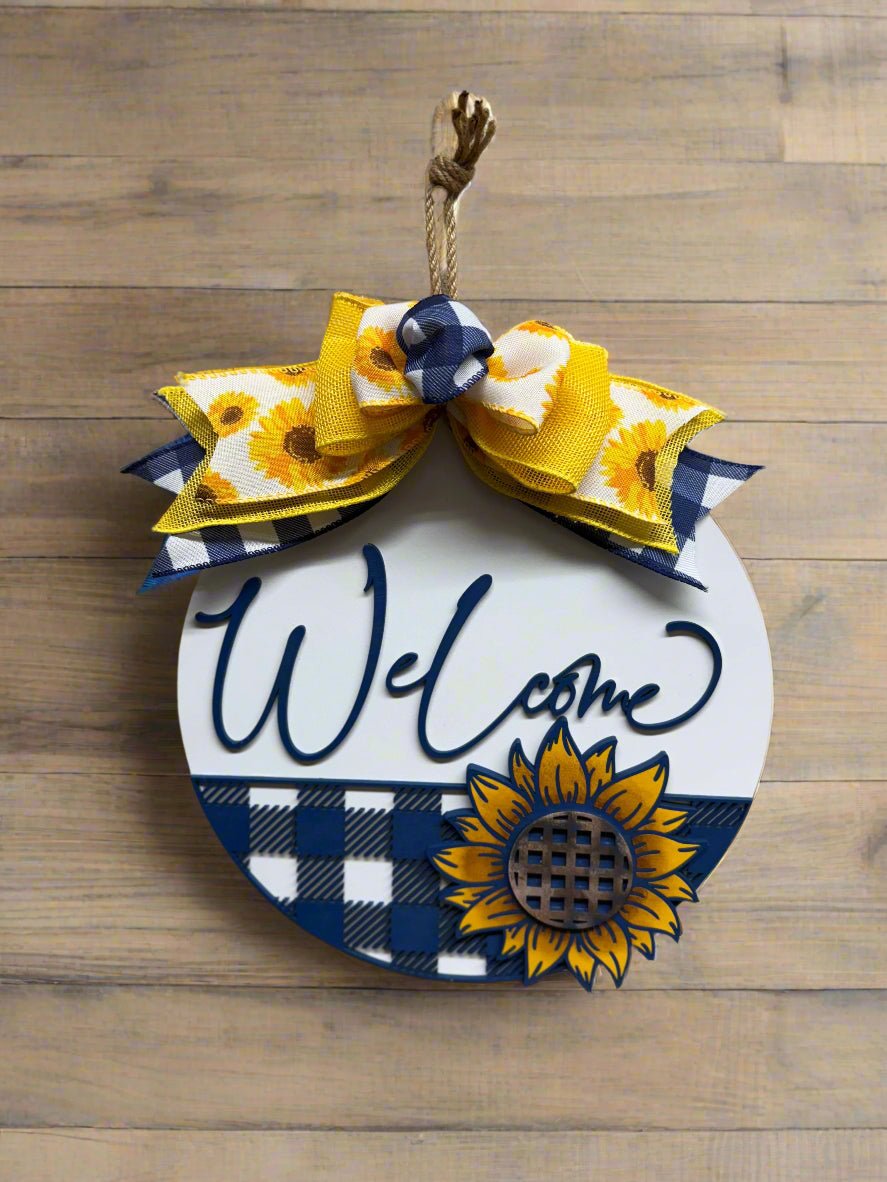 Navy Blue Sunflower Welcome Door Hanger | Chic Summer Charm | Rustic Home Decor | Summer Home Wall Accent - Nifty Decor & More
