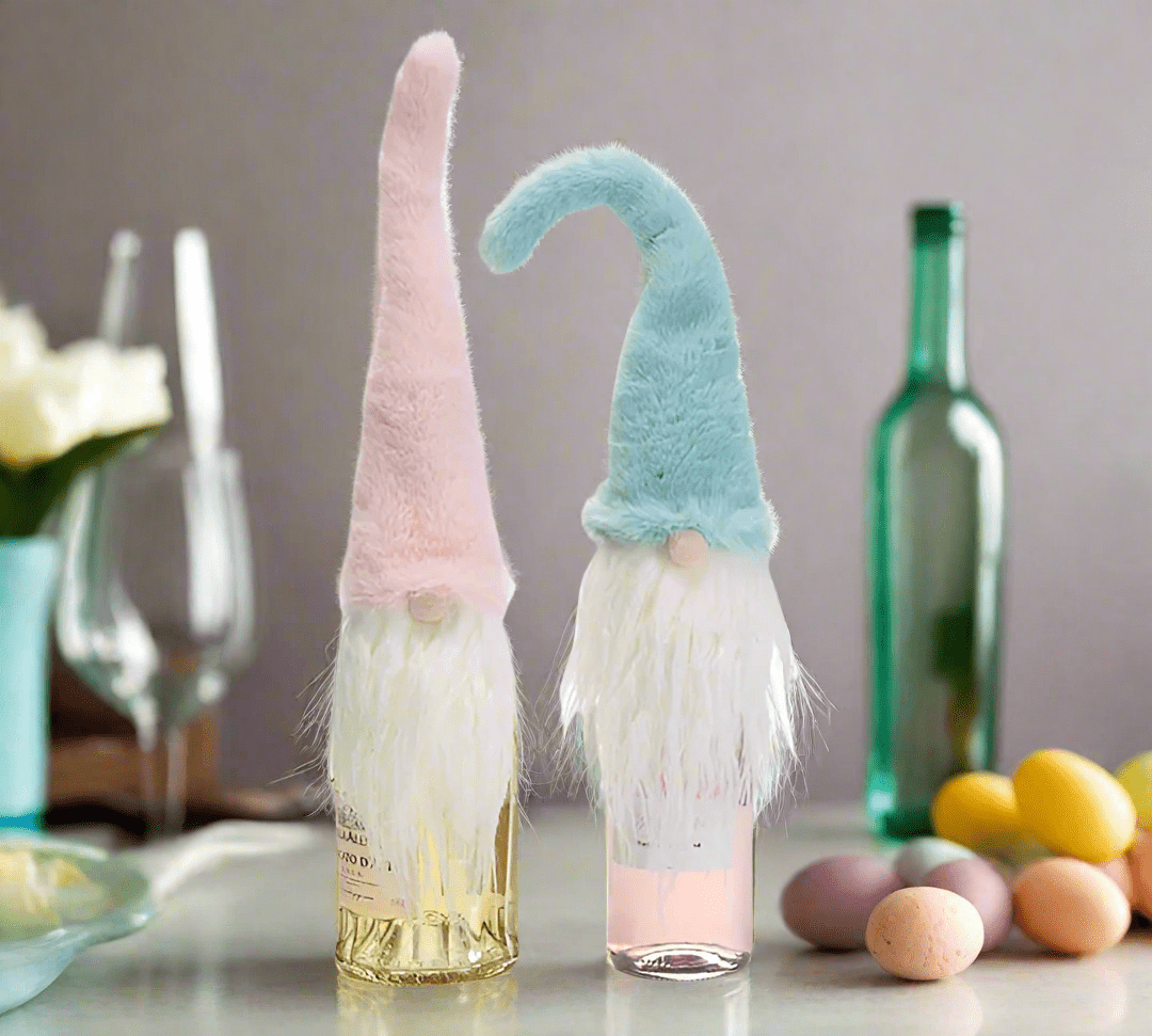 Pastel Fur Hat Gnome Bottle Toppers | Cute Party Decor for Celebrations & Gatherings