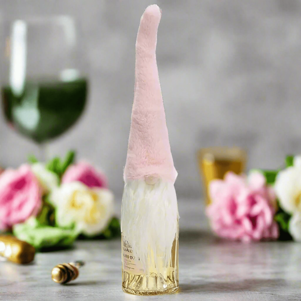 Pastel Fur Hat Gnome Bottle Toppers | Cute Party Decor for Celebrations & Gatherings Pink