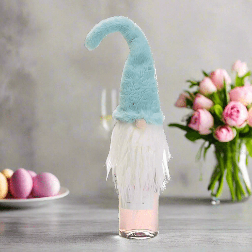 Pastel Fur Hat Gnome Bottle Toppers | Cute Party Decor for Celebrations & Gatherings Blue