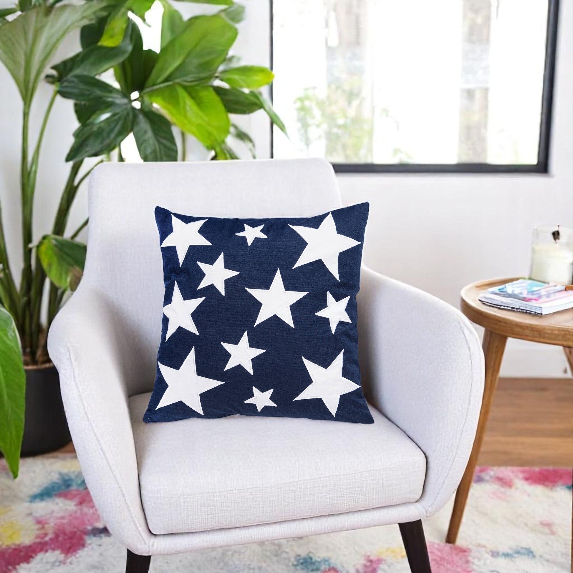 Patriotic Stars Throw Pillow, Bold Blue & White Cozy Accent, Perfect for 4th of July Decor, USA Themed Gift Throw Pillow