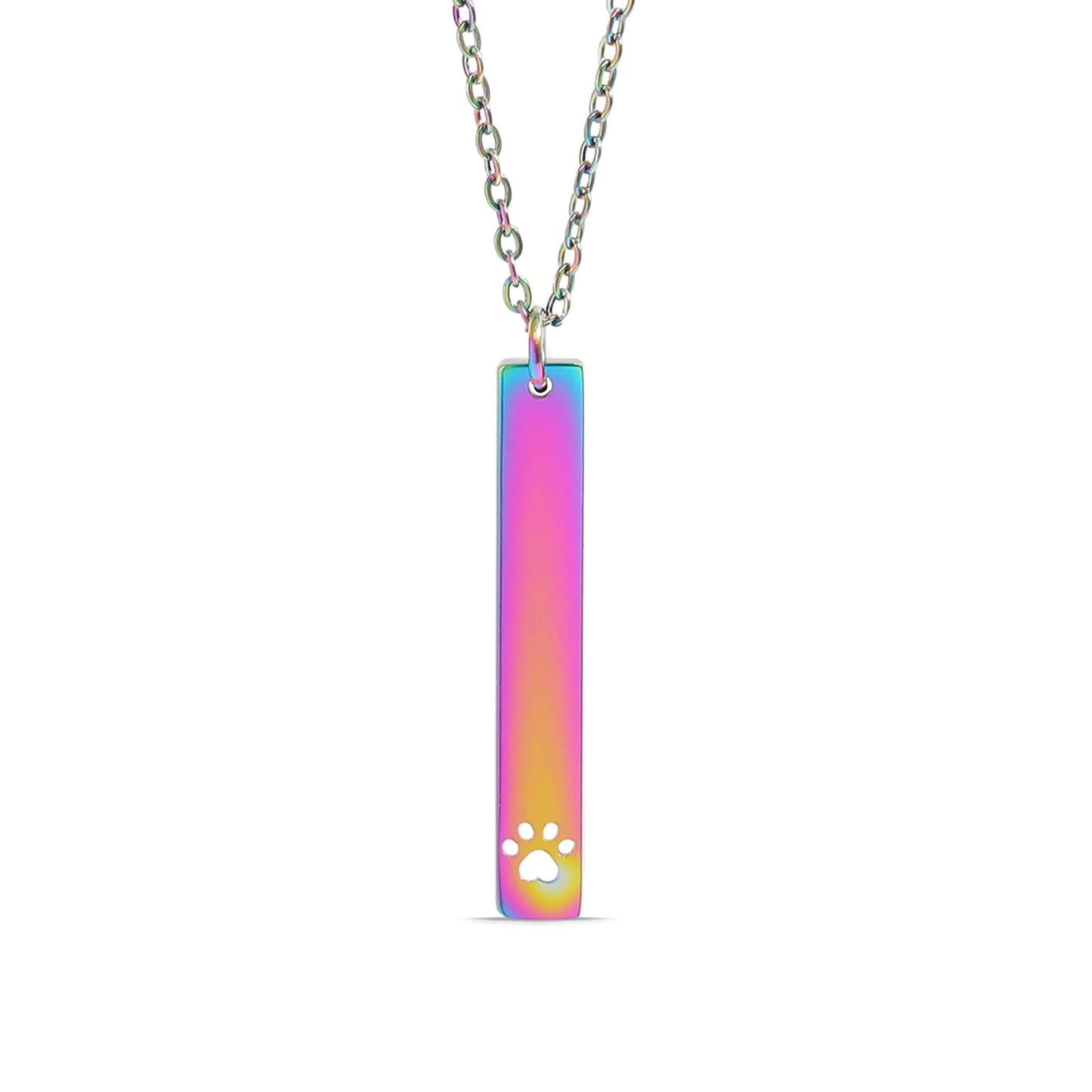 Paw Print Cutout Vertical Stainless Steel Bar Necklace Paw Vertical Bar Necklace Rainbow
