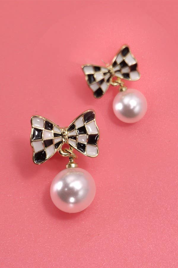 Pearl Drop Earrings with Checker Bow Detail, Fashion-Forward Accent for Every Outfit, Birthday or Anniversary Gift Chic Earrings