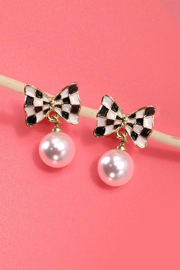 Pearl Drop Earrings with Checker Bow Detail, Fashion-Forward Accent for Every Outfit, Birthday or Anniversary Gift Chic Earrings
