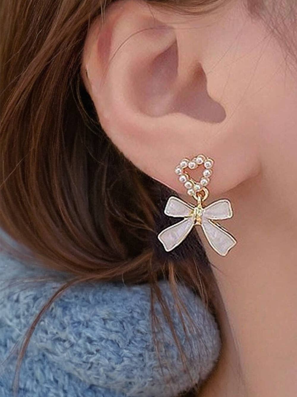 Pearled Heart Bow Knot Earrings, Delicate Dangle Statement Jewelry, Ideal Gift for Girlfriends and Bridesmaids