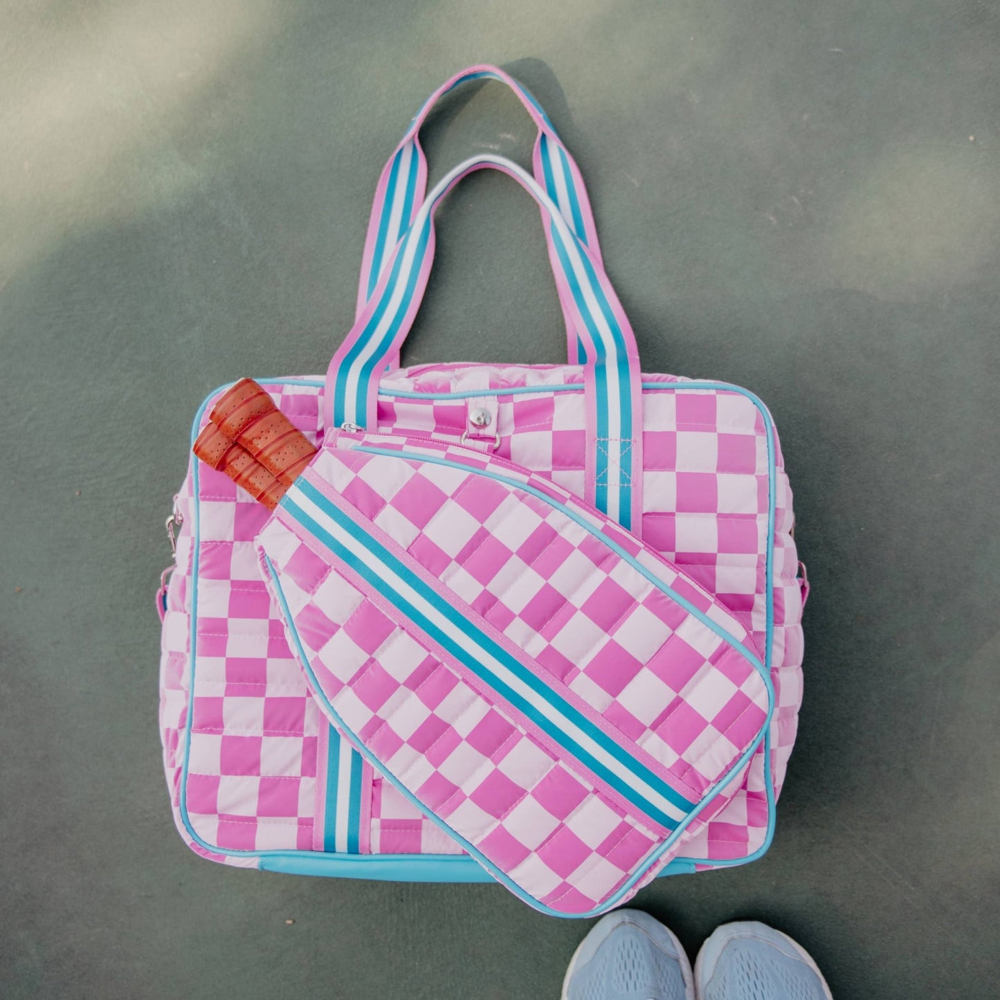 Pickleball Pattern Tote Bag, Vibrant Sporty Design, Perfect for Court Gear, Unique Pickleball Gift Tote Bag Pink Checker Print