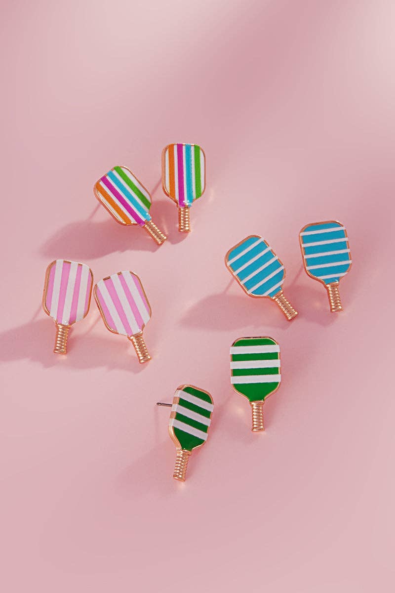 Pickleball Post Earrings for Women – Striped Enamel Paddle Design