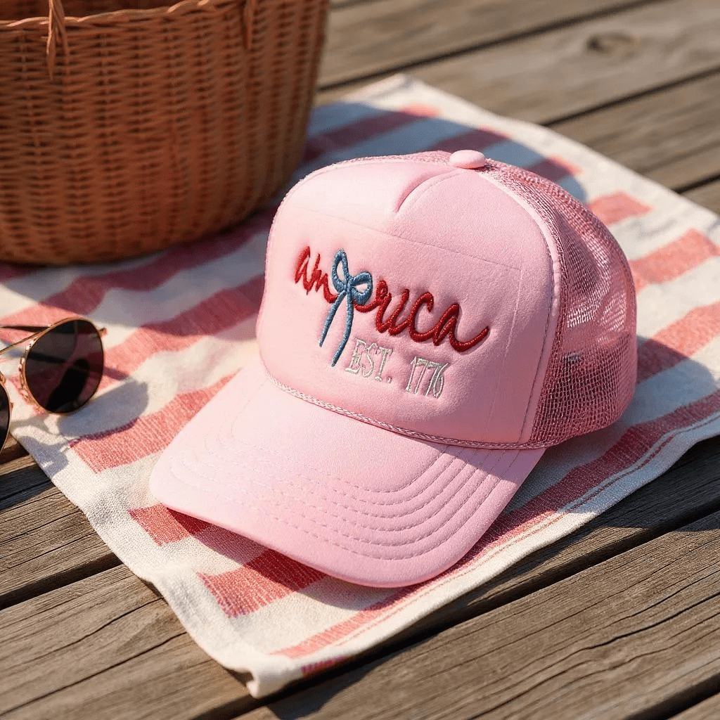Pink America Est 1776 Embroidered Trucker Hat, Cute & Comfy Sun Protection Cap, Ideal Fourth of July Gift Trucker Hats