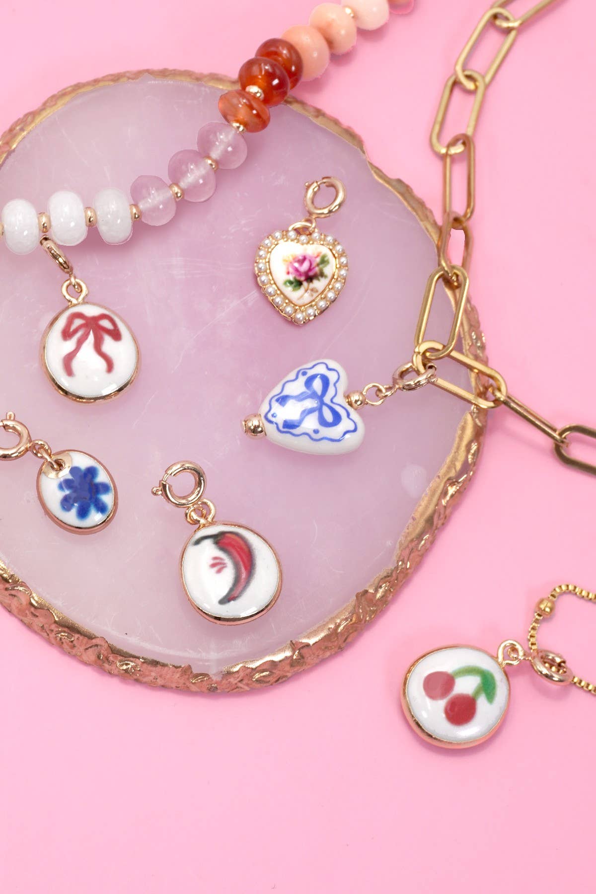 Porcelain Blue or Red bow & Cherry Charm, preppy look, stylish accessory, gift for her - Nifty Decor & More