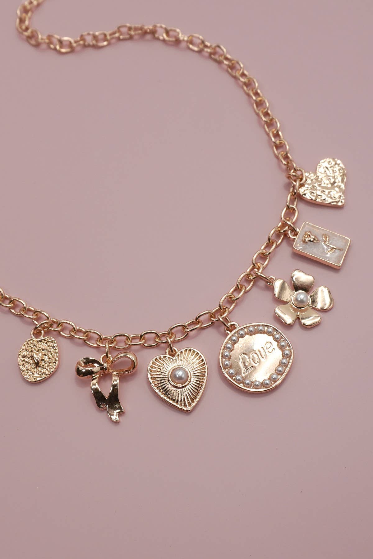 Preppy Charm Necklace Bow Love Heart Flower, inspired design, wearable art jewelry, ideal gift for girlfriends - Nifty Decor & More