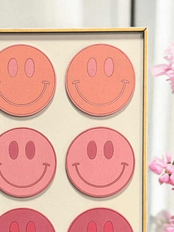 Preppy in Pink Wall Art, Checkered, Pink Smiley Faces & Hearts Designs, Ideal for Kids' Spaces, Great Baby Shower Gift or Room Decor Smiley Face