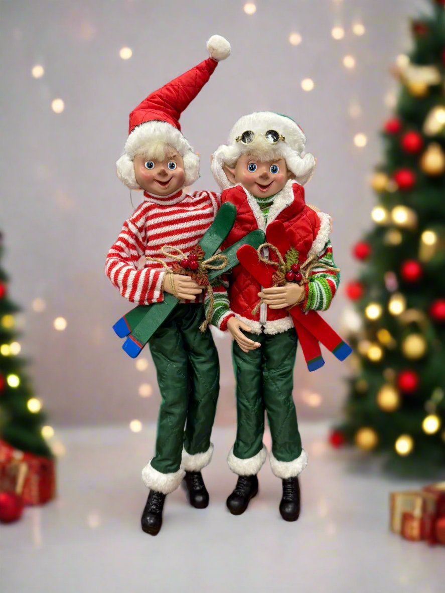 RAZ 16" Skiing Elf - Posable Christmas Decor, Holiday Figurine, Cute Winter Decoration, Festive Elf Decor - Nifty Decor & More