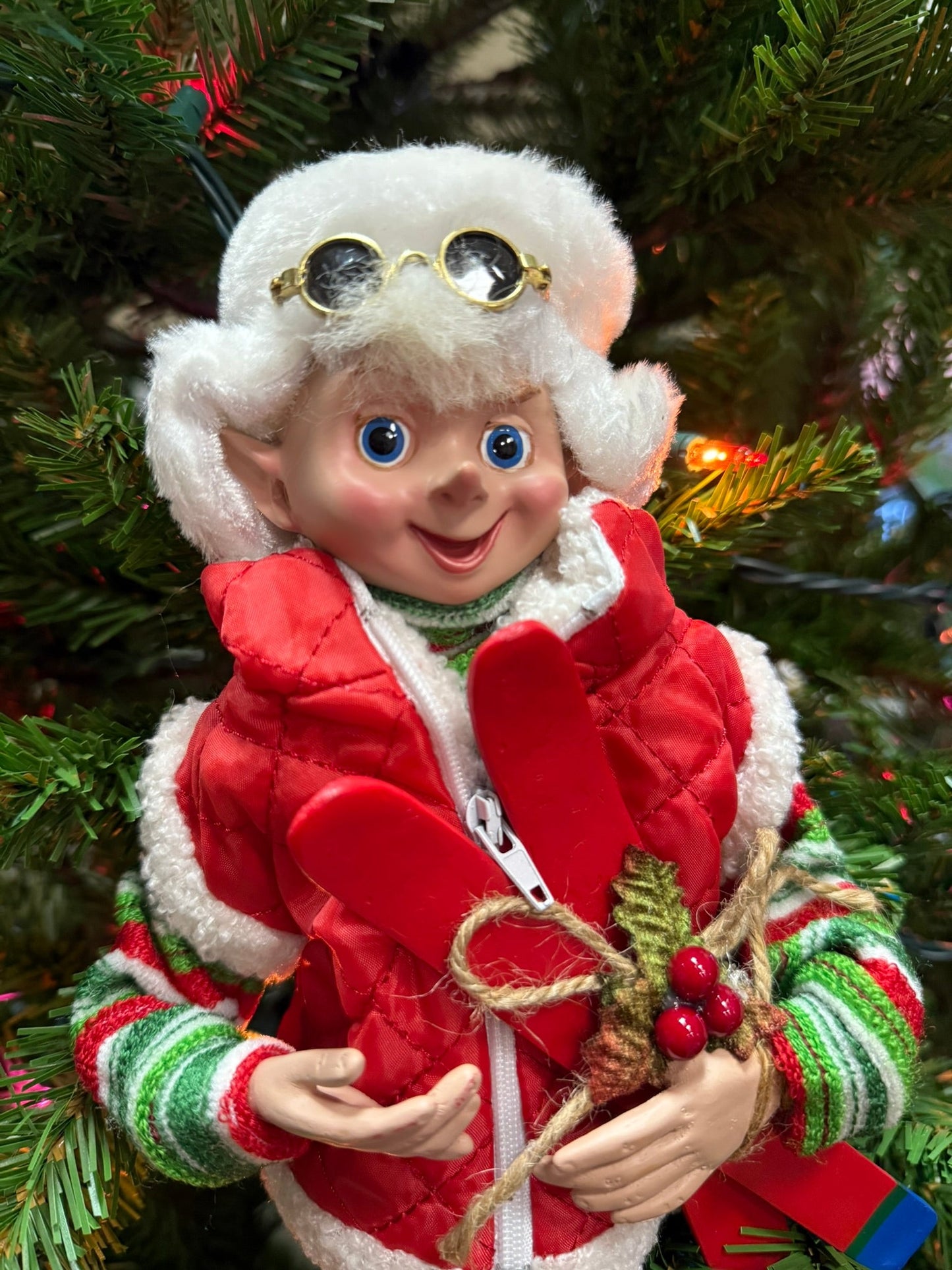 RAZ 16" Skiing Elf - Posable Christmas Decor, Holiday Figurine, Cute Winter Decoration, Festive Elf Decor - Nifty Decor & More