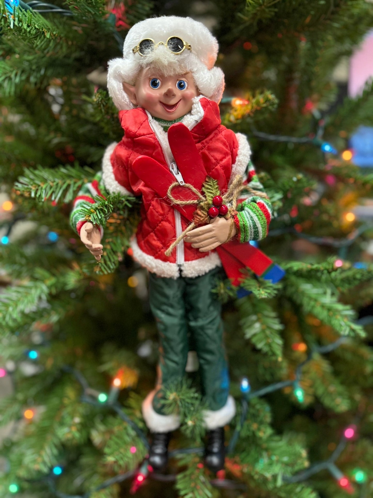 RAZ 16" Skiing Elf - Posable Christmas Decor, Holiday Figurine, Cute Winter Decoration, Festive Elf Decor - Nifty Decor & More