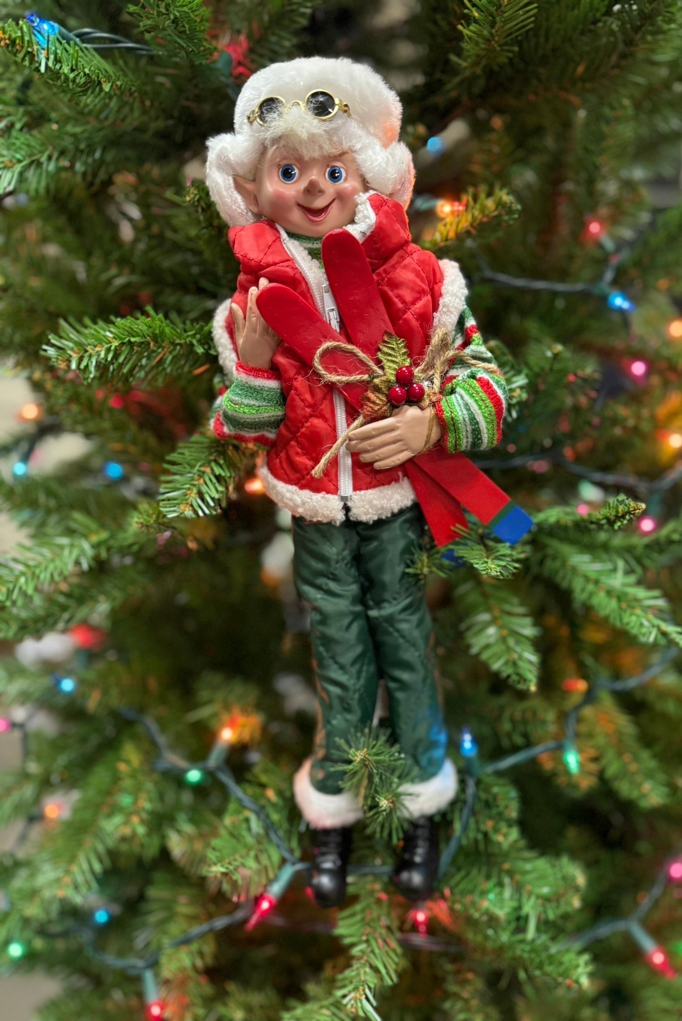 RAZ 16" Skiing Elf - Posable Christmas Decor, Holiday Figurine, Cute Winter Decoration, Festive Elf Decor - Nifty Decor & More