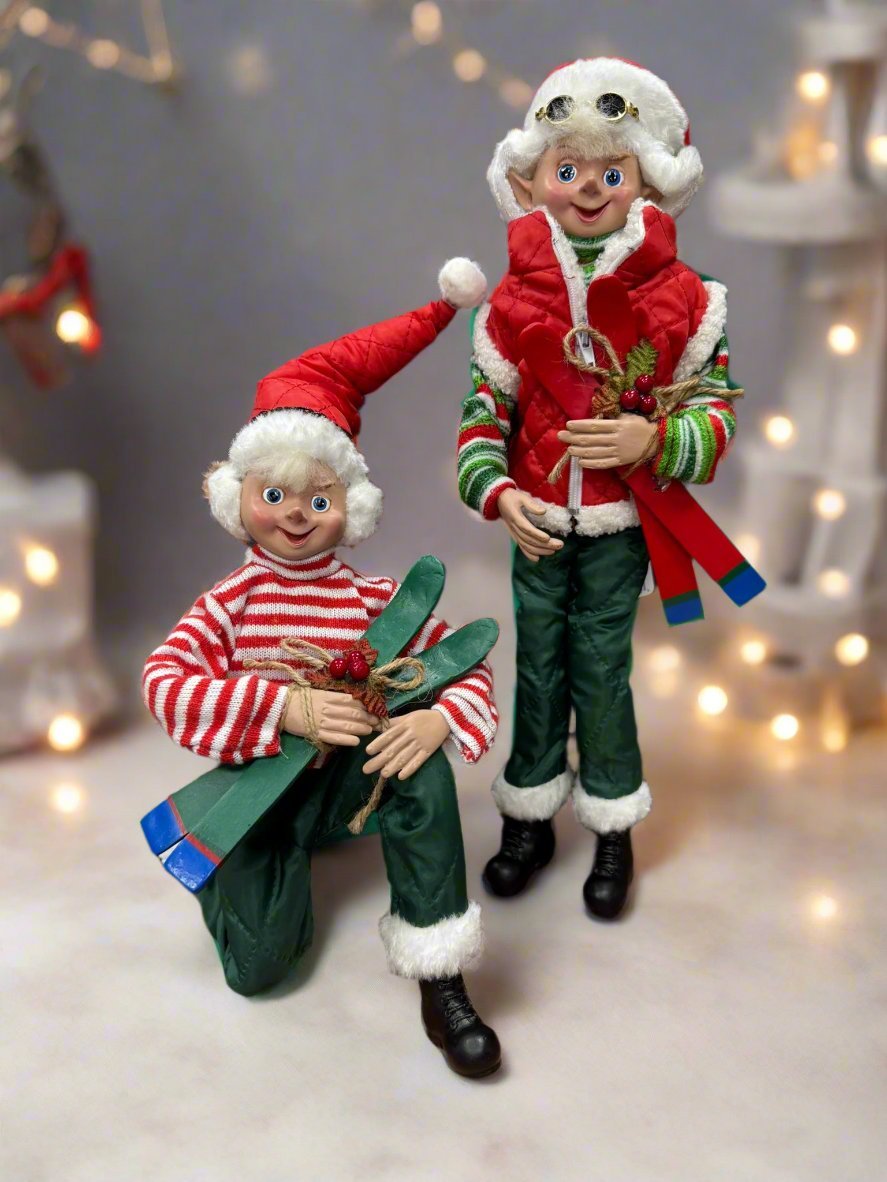 RAZ 16" Skiing Elf - Posable Christmas Decor, Holiday Figurine, Cute Winter Decoration, Festive Elf Decor - Nifty Decor & More