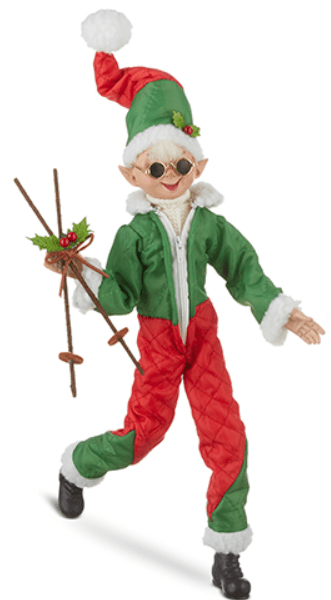 RAZ - Skiing Elf 16" - Posable Home Decor Figure, Unique Holiday Decoration, Fun Winter Decor, Cute Shelf Accent Ski Poles