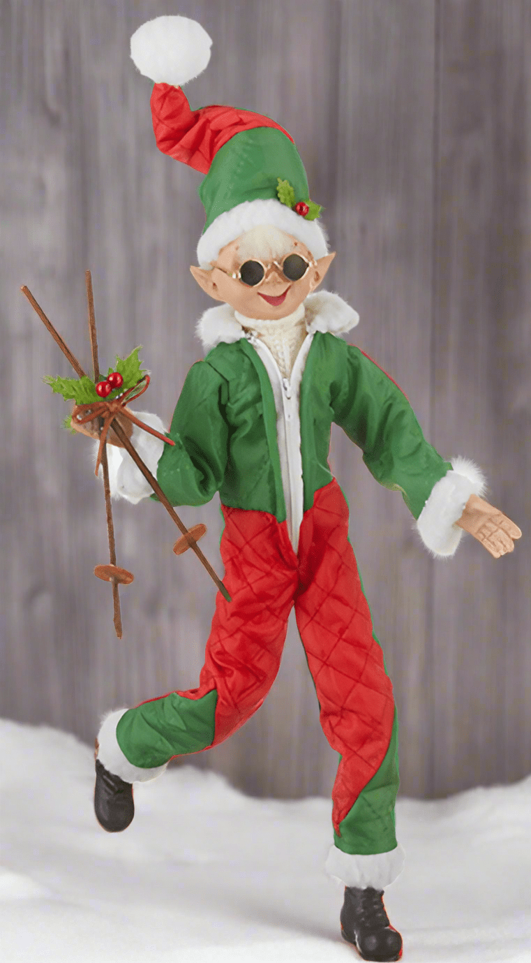RAZ - Skiing Elf 16" - Posable Home Decor Figure, Unique Holiday Decoration, Fun Winter Decor, Cute Shelf Accent