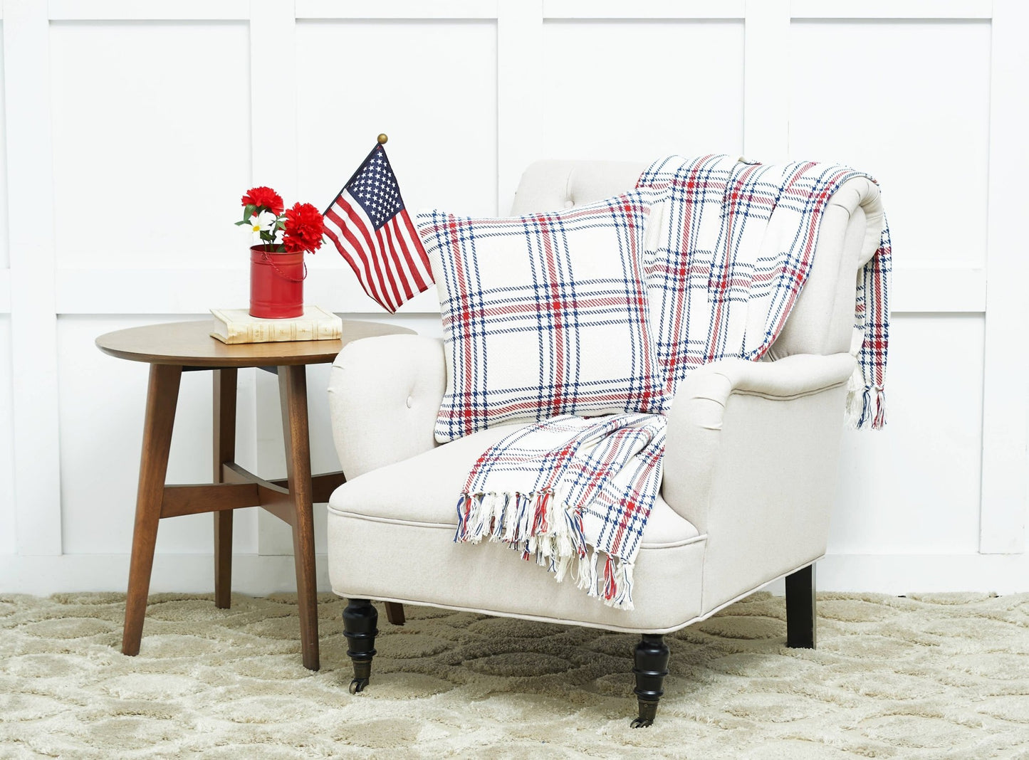 River Rock Red White & Blue Plaid Throw Pillow, Cozy Patriotic Home Decor, Perfect Accent Cushion Gift for 4th of July Lovers Throw Pillow