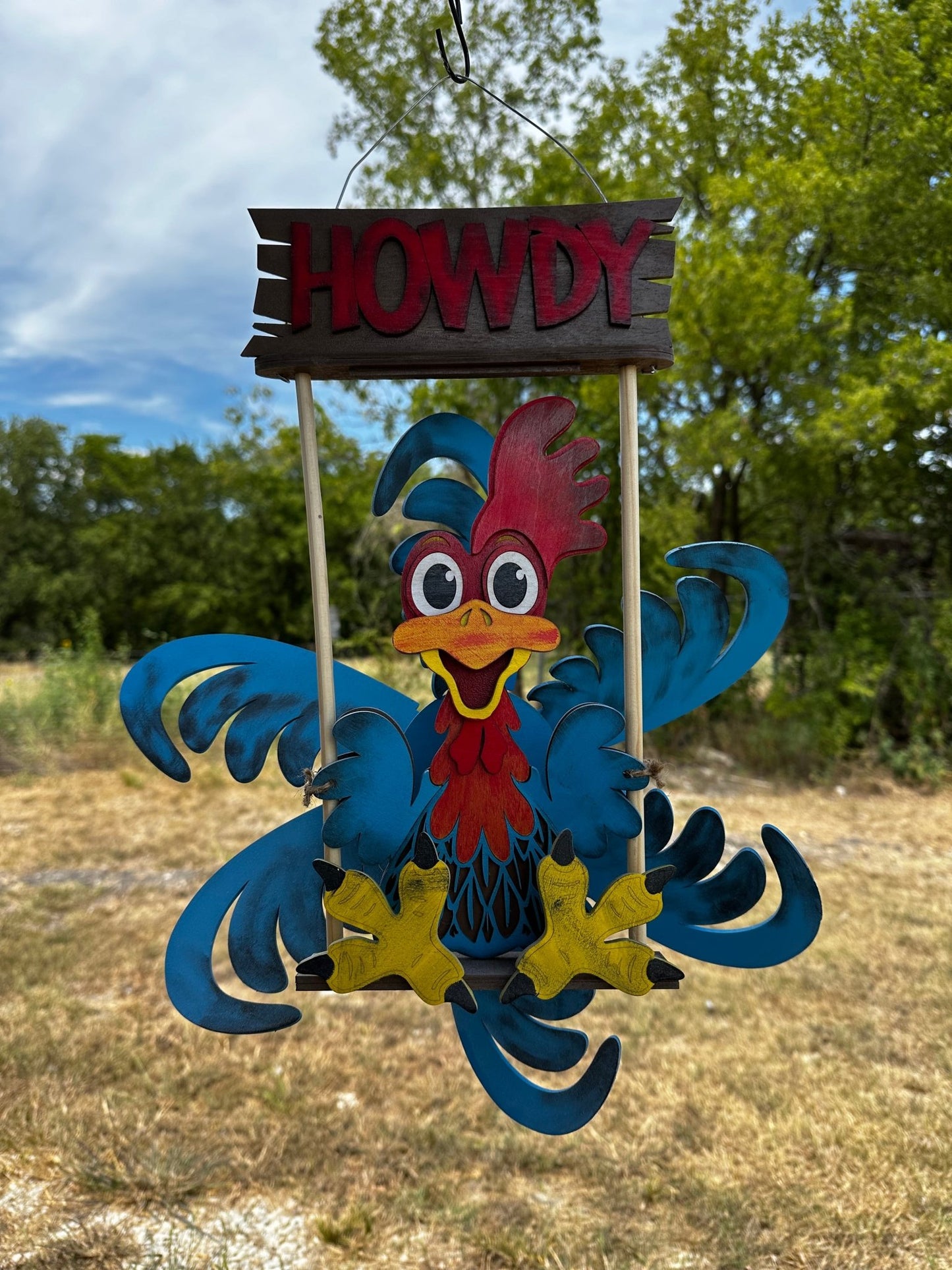 Rooster Windspinner Outdoor Decor Blue Feathers