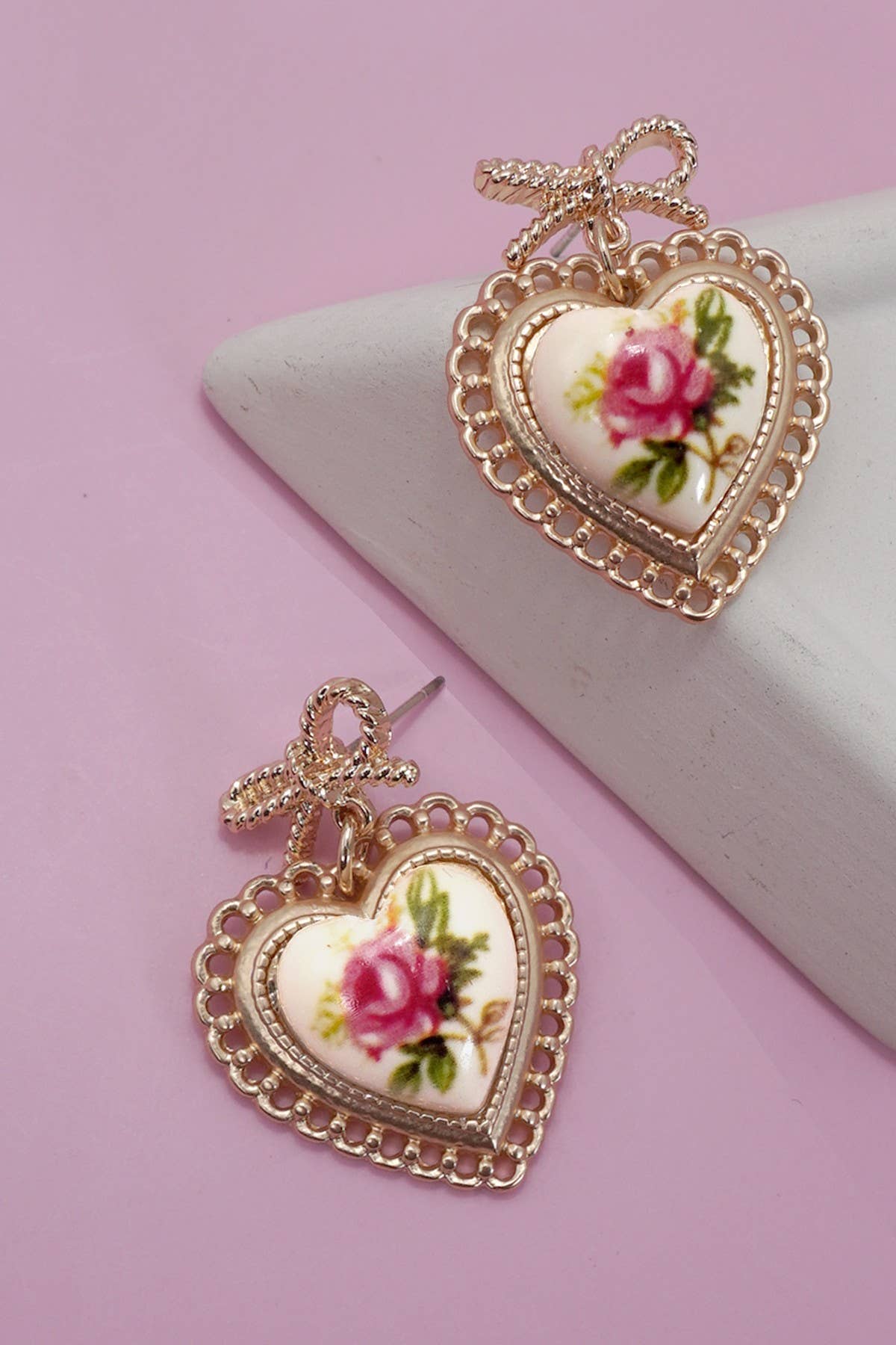 Rose Bow Drop Earrings Ceramic Porcelain, Chic Floral Accessory for Everyday Glam, Stylish Ladies Gift Stud Earrings