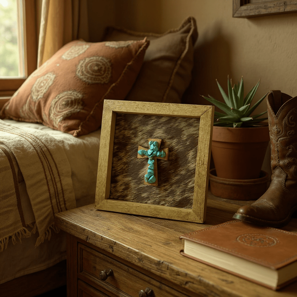 Rustic Cowhide Cross Wall Sign Featuring Turquoise Stones Western Decor