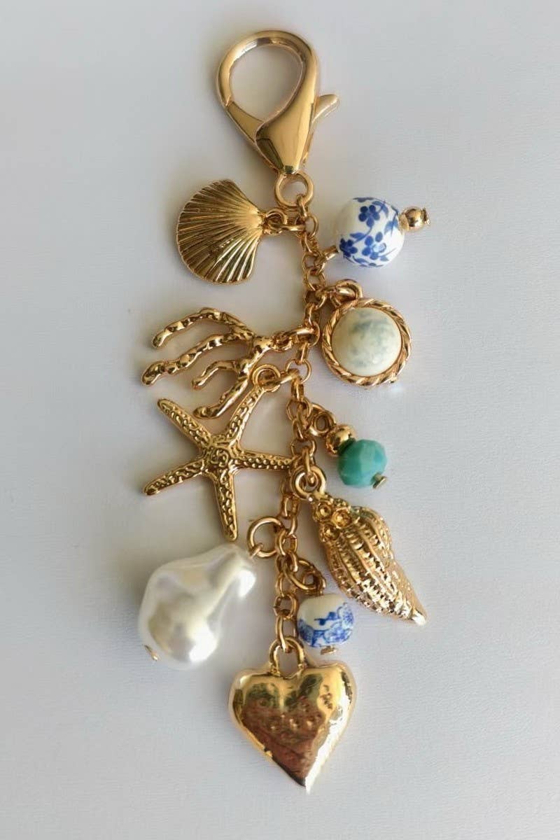 Sea Life Porcelain Charm, Pearl & Turquoise Bead, Bag or Necklace Accessory, Unique Gift for Preppy Style Lovers - Nifty Decor & More
