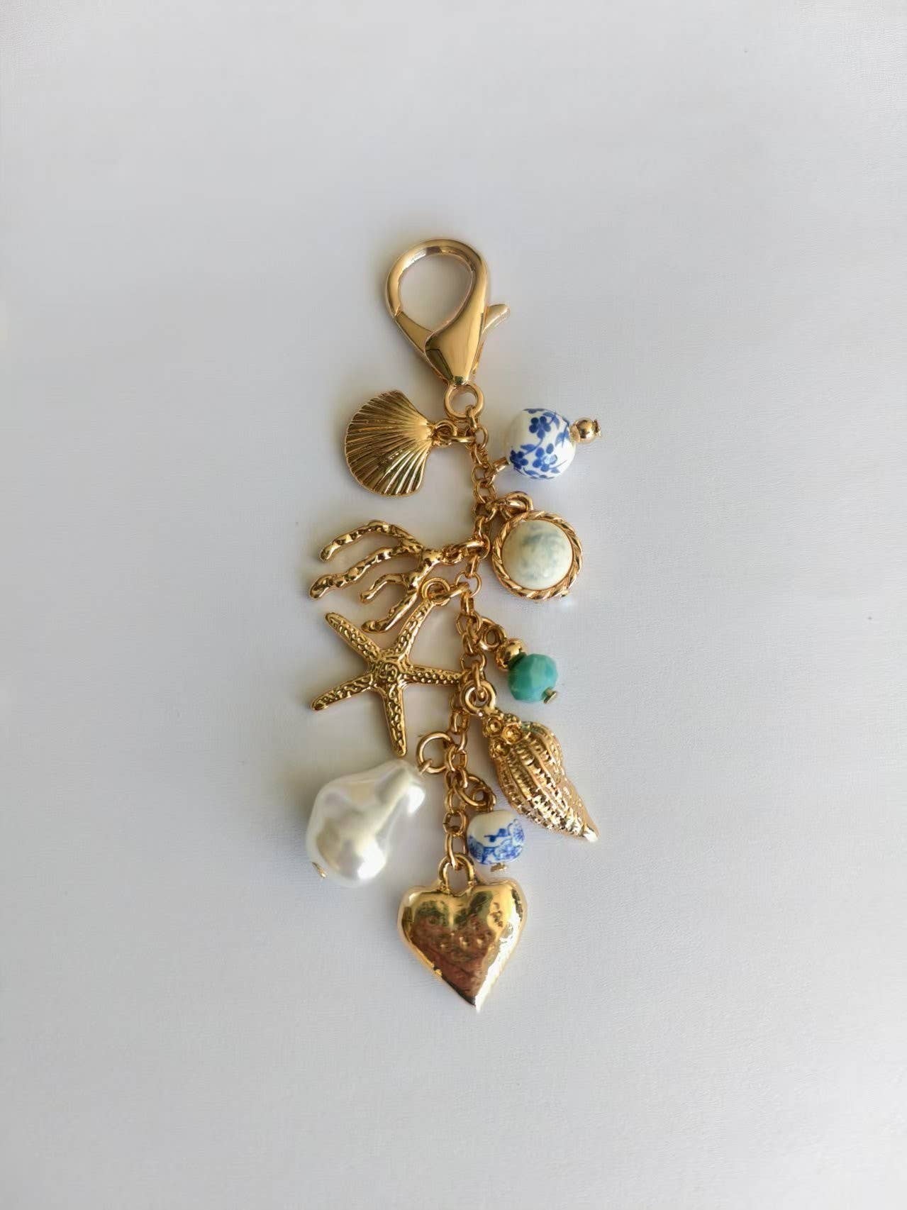 Sea Life Porcelain Charm, Pearl & Turquoise Bead, Bag or Necklace Accessory, Unique Gift for Preppy Style Lovers - Nifty Decor & More