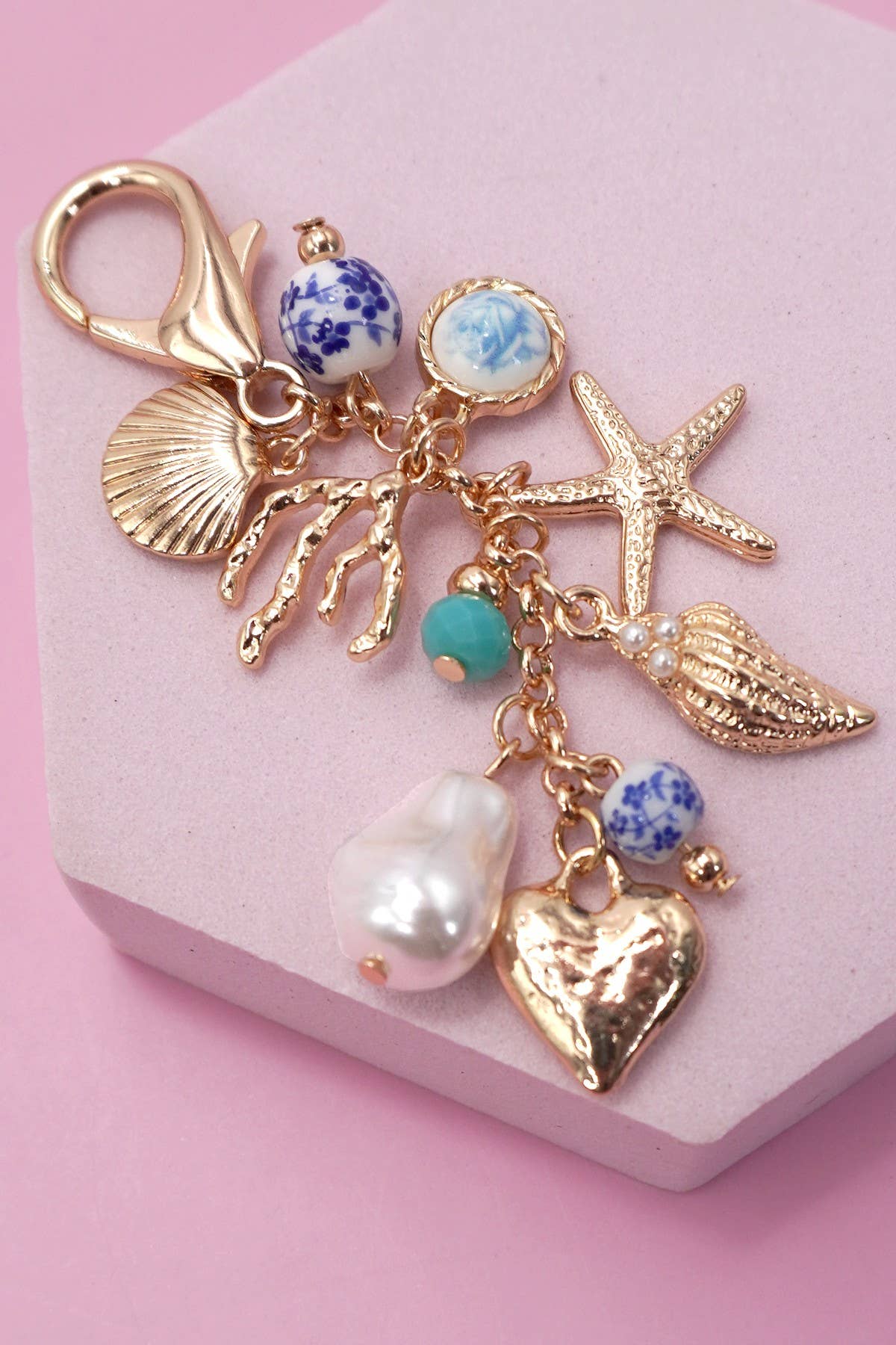 Sea Life Porcelain Charm, Pearl & Turquoise Bead, Bag or Necklace Accessory, Unique Gift for Preppy Style Lovers - Nifty Decor & More
