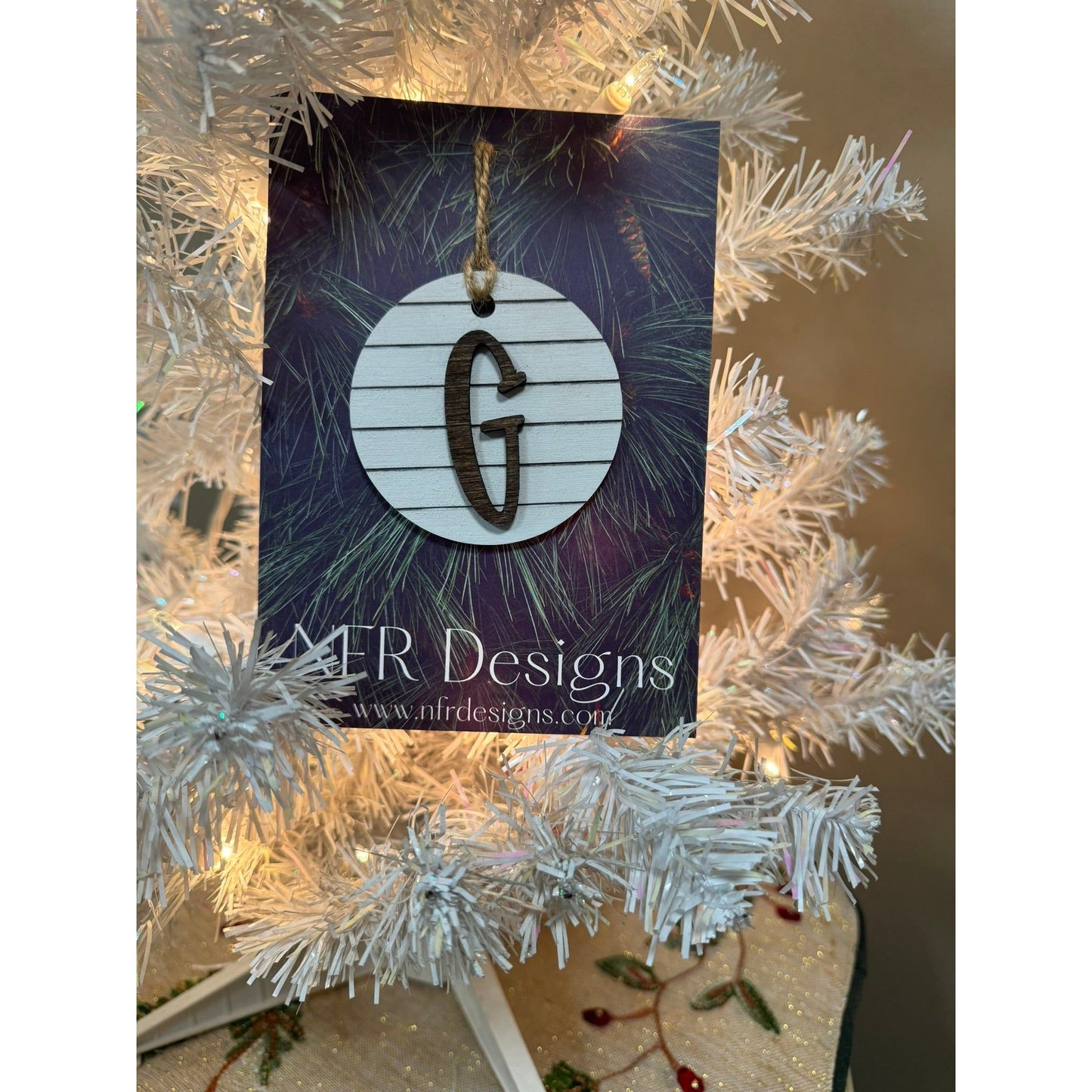 Shiplap Initial Christmas Ornament - Regular Font Christmas Ornament G Dark letter/White backing