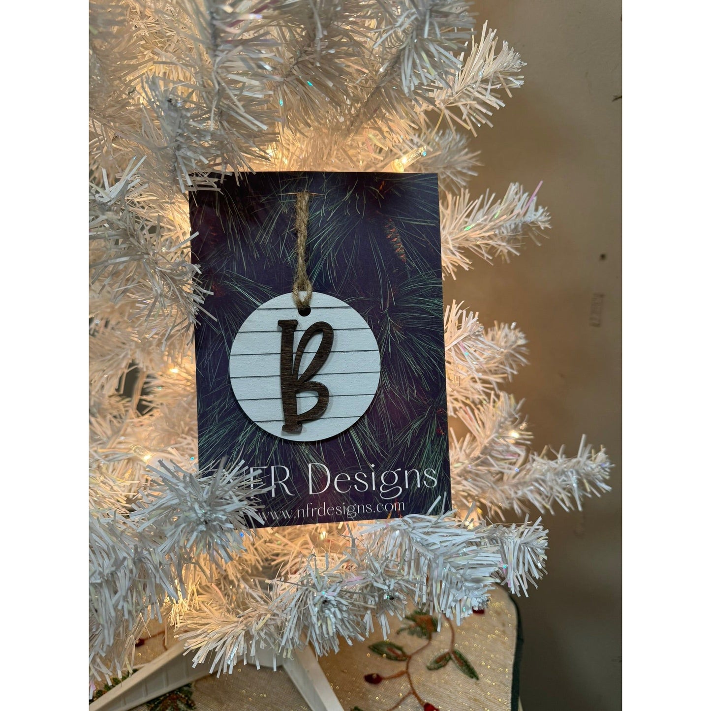 Shiplap Initial Christmas Ornament - Regular Font Christmas Ornament B Dark letter/White backing