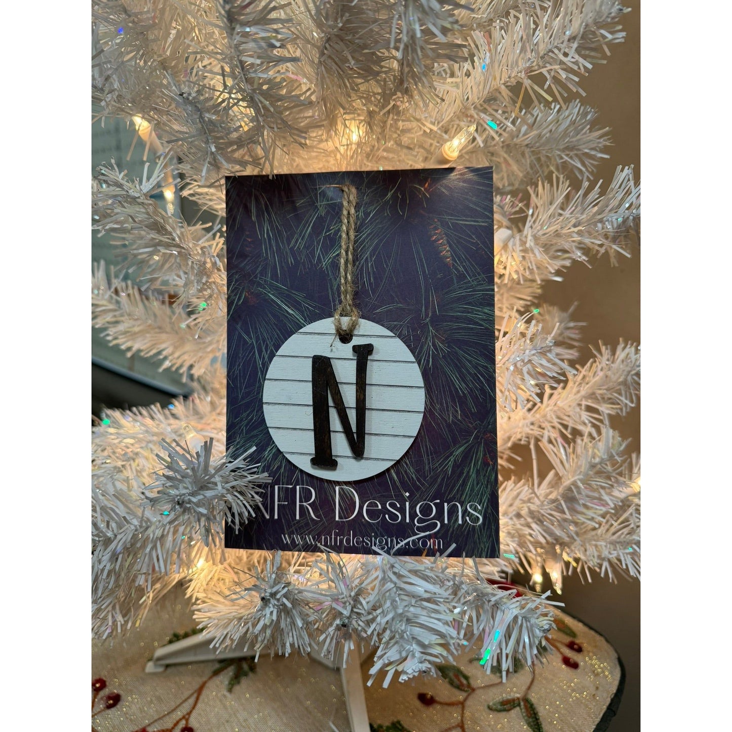 Shiplap Initial Christmas Ornament - Regular Font Christmas Ornament N Dark letter/White backing