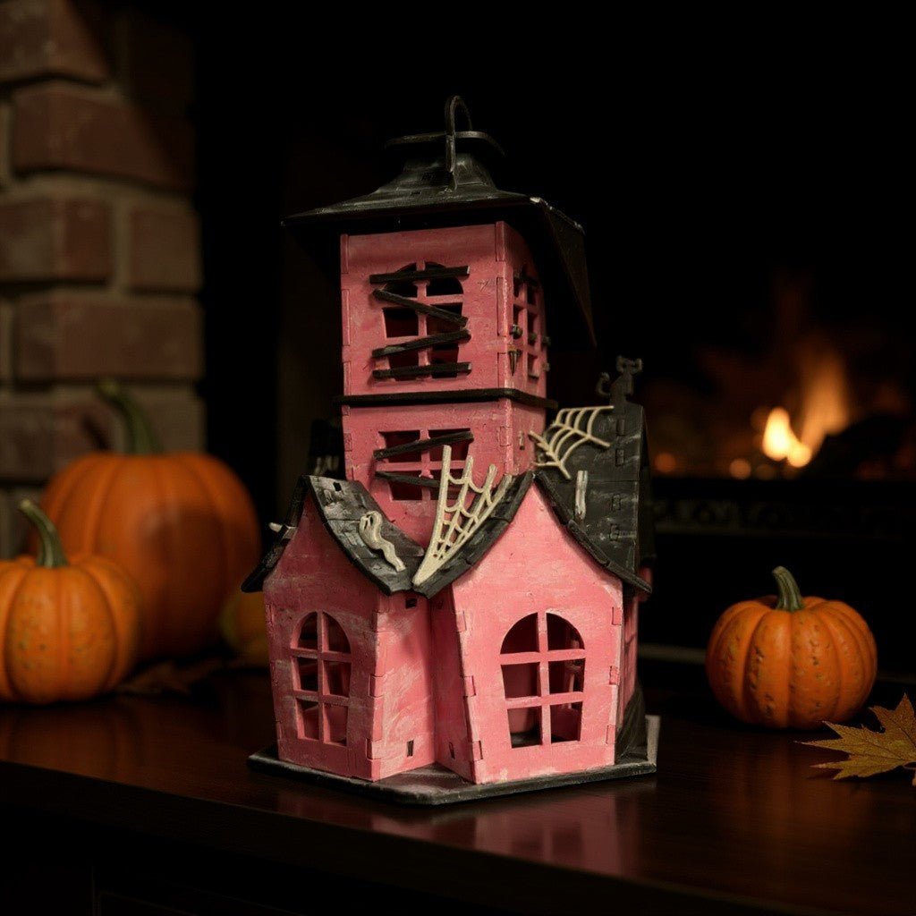 Spooky Halloween House, purple, pink and black with ghosts, bats, spiderwebs and black cats, haunted mantle decor for Halloween, gift ready Halloween Decor Pink