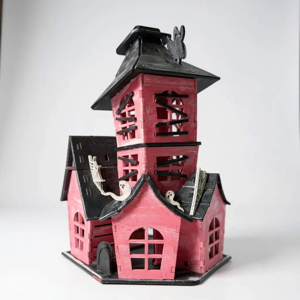 Spooky Halloween House, purple, pink and black with ghosts, bats, spiderwebs and black cats, haunted mantle decor for Halloween, gift ready Halloween Decor