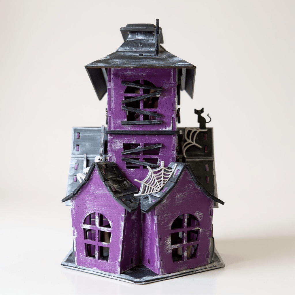 Spooky Halloween House, purple, pink and black with ghosts, bats, spiderwebs and black cats, haunted mantle decor for Halloween, gift ready Halloween Decor