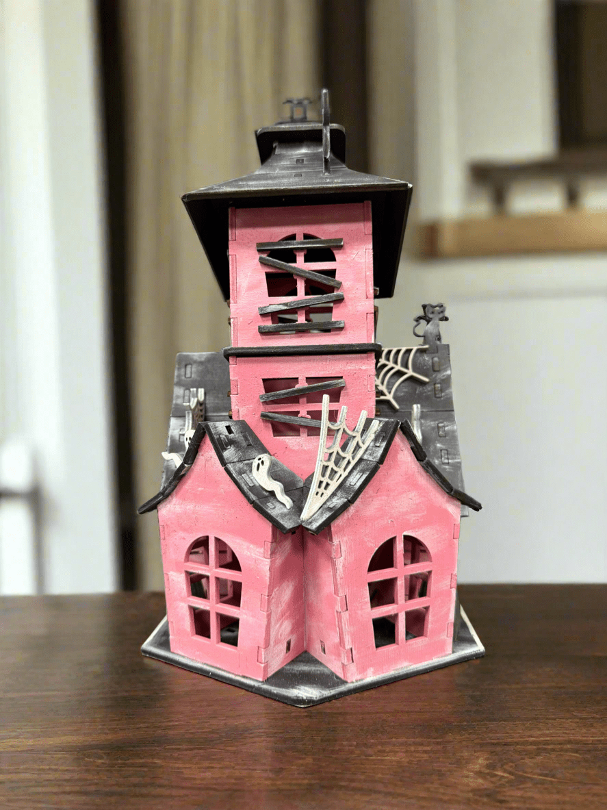 Spooky Halloween House, purple, pink and black with ghosts, bats, spiderwebs and black cats, haunted mantle decor for Halloween, gift ready Halloween Decor