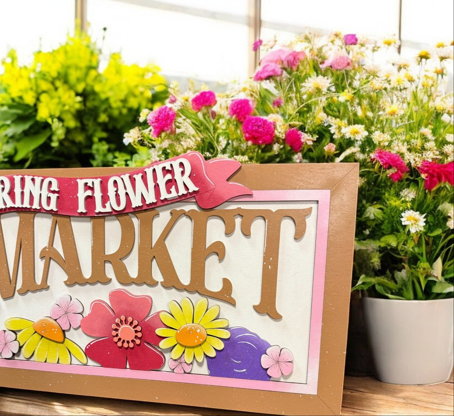 Spring Flower Market Sign | Vintage Floral Decor for Home | Rustic Wall Art | Farmhouse Style Decorations & Garden Signs