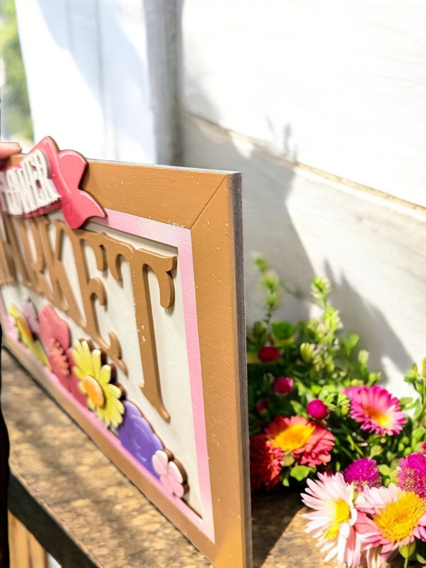 Spring Flower Market Sign | Vintage Floral Decor for Home | Rustic Wall Art | Farmhouse Style Decorations & Garden Signs