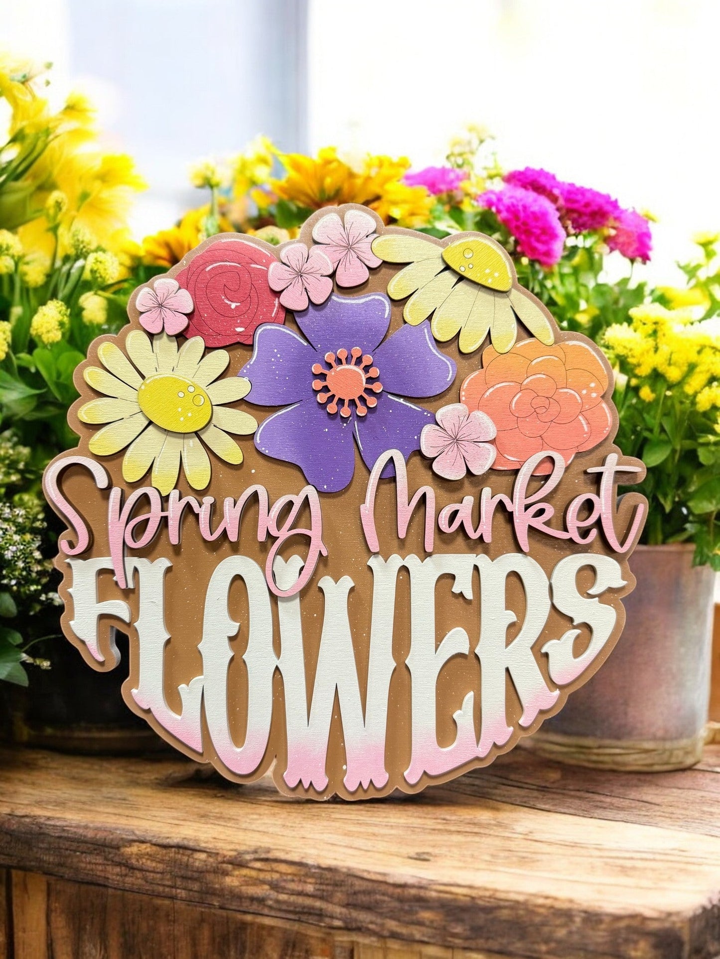 Spring Market Flowers Sign | Seasonal Decor for Home, Rustic Wooden Wall Art, Springtime Home Decoration & Gifts