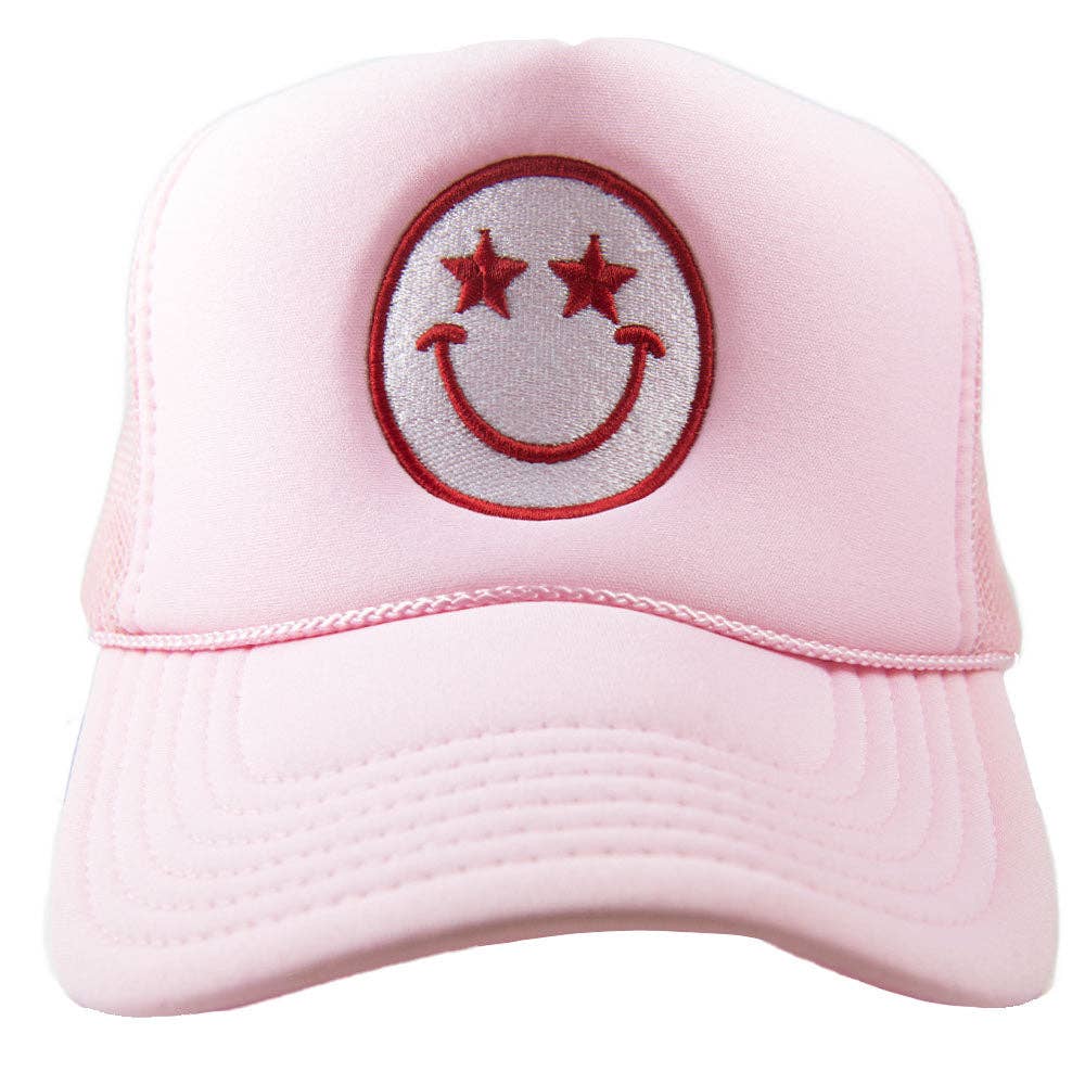 Star Eyed Happy Face Foam Trucker Hat, Fun Retro Style, Sun Protection & Cheer, Perfect Gift for Trendy Hat Lovers Trucker Hats Light Pink