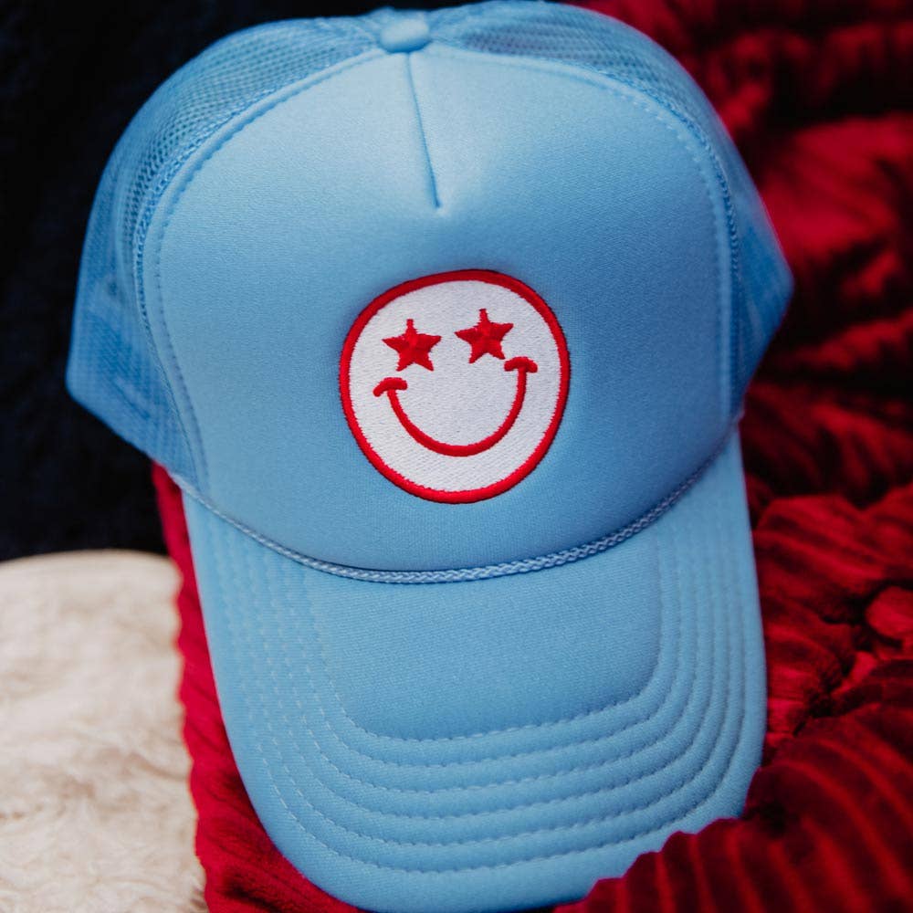Star Eyed Happy Face Foam Trucker Hat, Fun Retro Style, Sun Protection & Cheer, Perfect Gift for Trendy Hat Lovers Trucker Hats