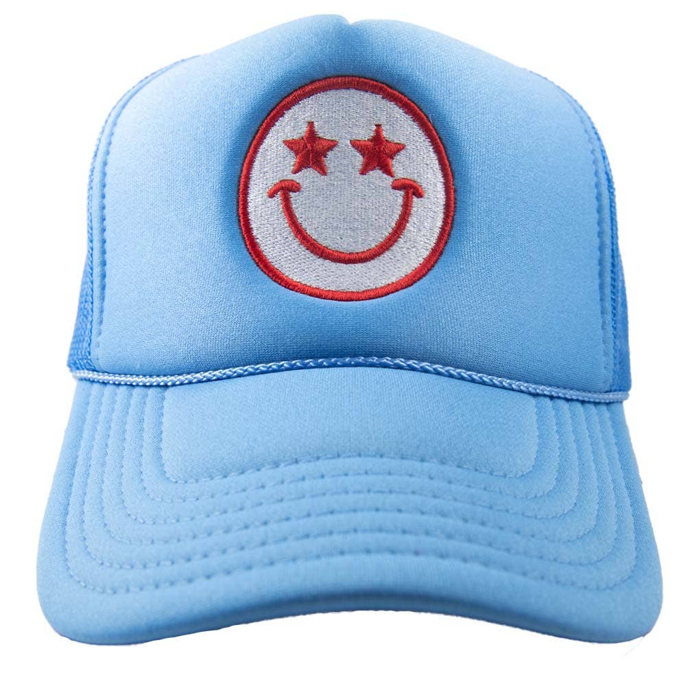 Star Eyed Happy Face Foam Trucker Hat, Fun Retro Style, Sun Protection & Cheer, Perfect Gift for Trendy Hat Lovers Trucker Hats Colbalt Blue