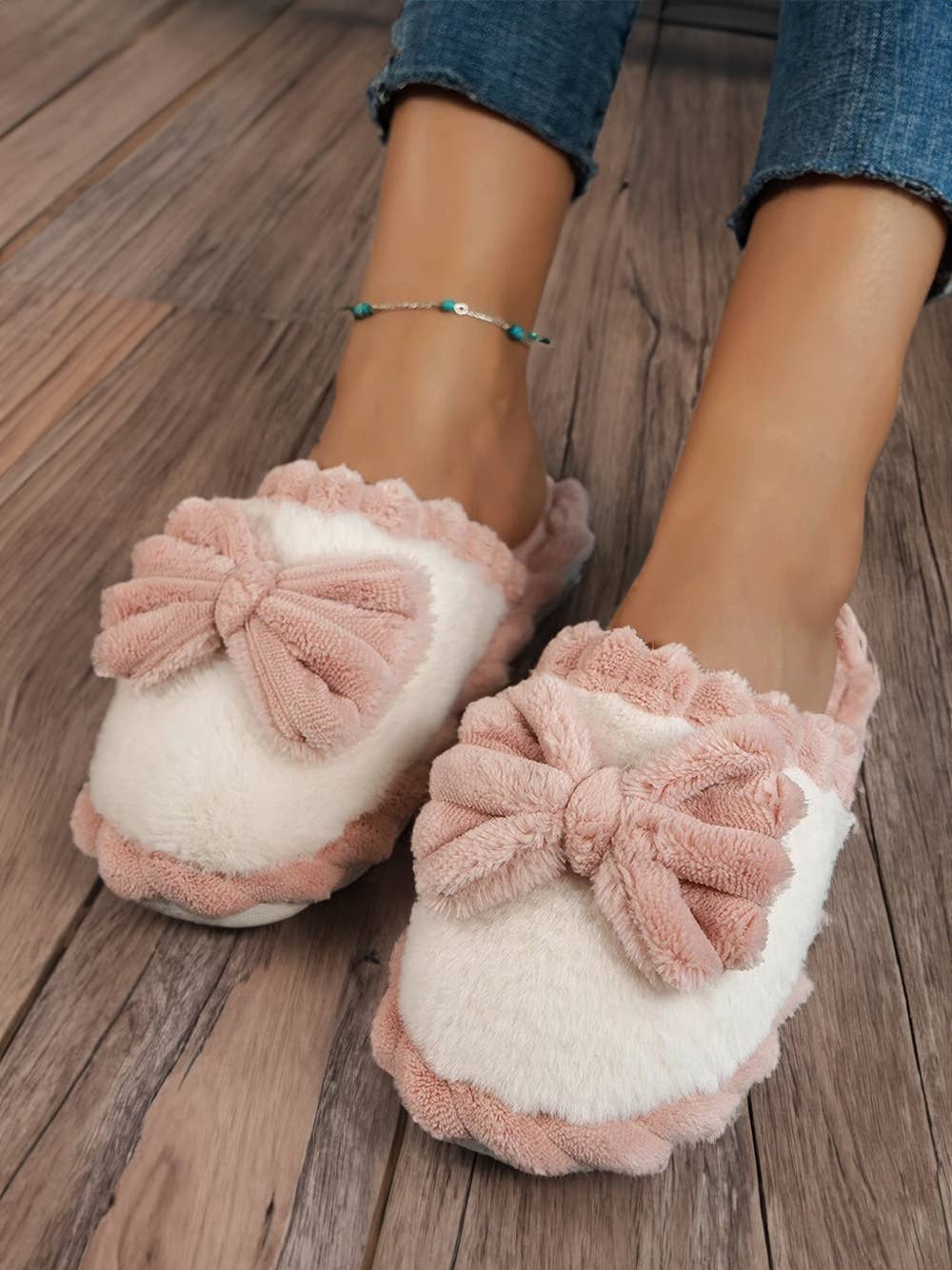 Stylish Bow Slippers, Color Block Ribbed Plush Comfort, Perfect Girly Cozy Wear for Home Gift Slippers