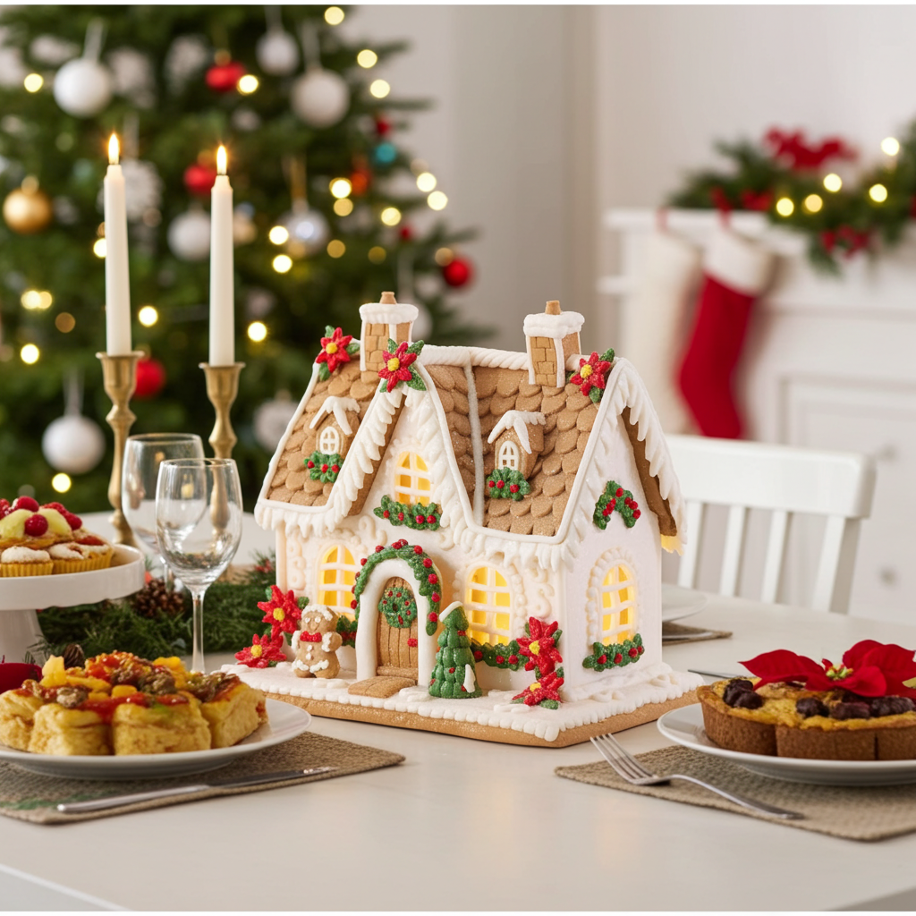 10" Lighted Poinsettia Gingerbread House