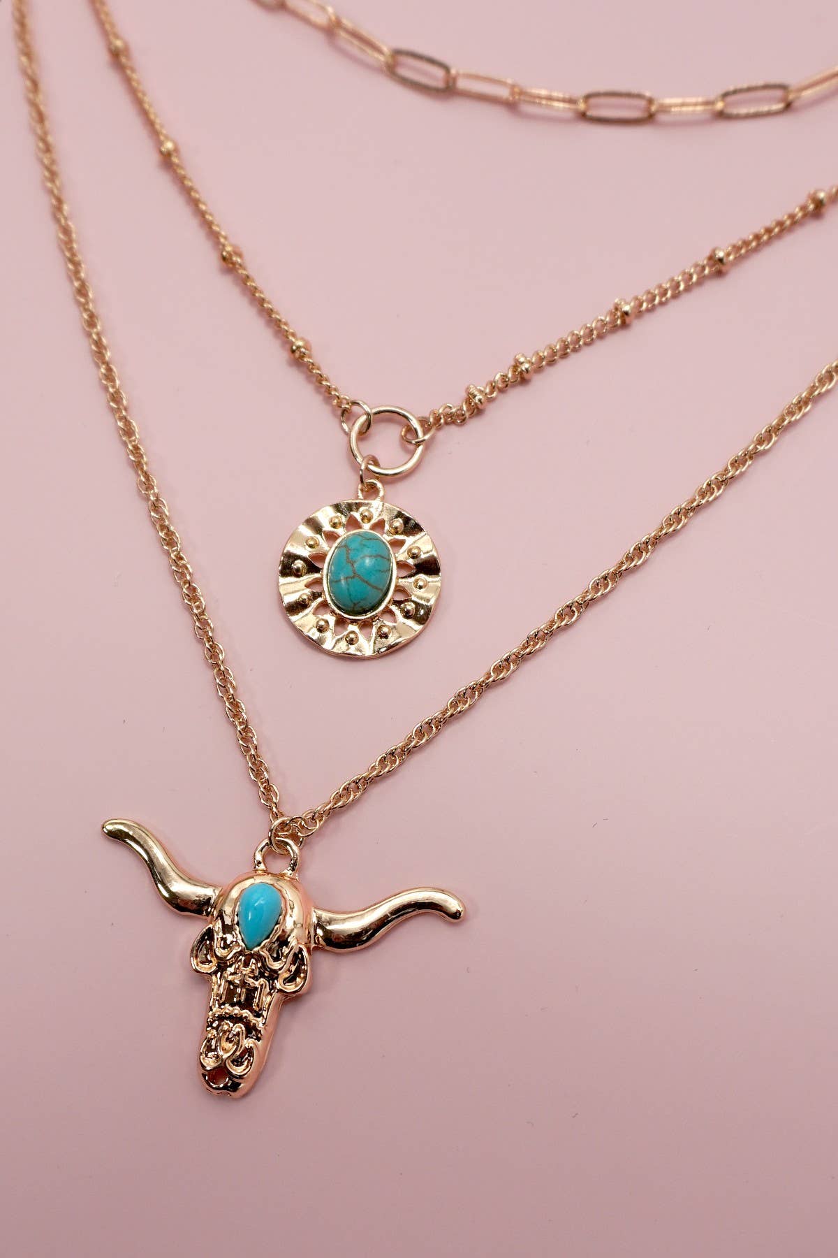 Turquoise Bull Head Pendant Necklace, Unique Layered Circle Design, Perfect for Everyday Glam, Gift for Women - Nifty Decor & More