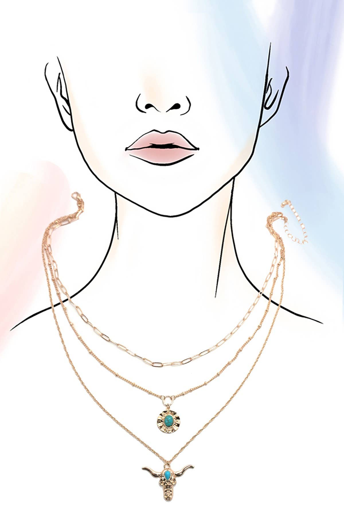 Turquoise Bull Head Pendant Necklace, Unique Layered Circle Design, Perfect for Everyday Glam, Gift for Women - Nifty Decor & More